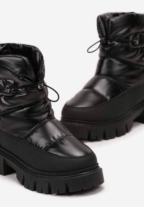 Czarne Śniegowce na Niskiej Platformie z Ozdobnym Pikowaniem i Ściągaczem Raballa