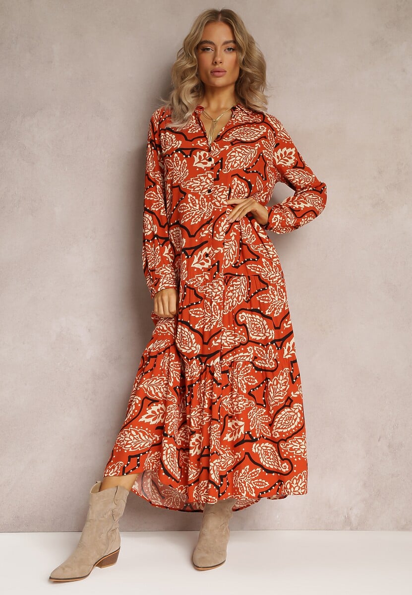 Pomarańczowa Sukienka Koszulowa w Kwiaty Kolni