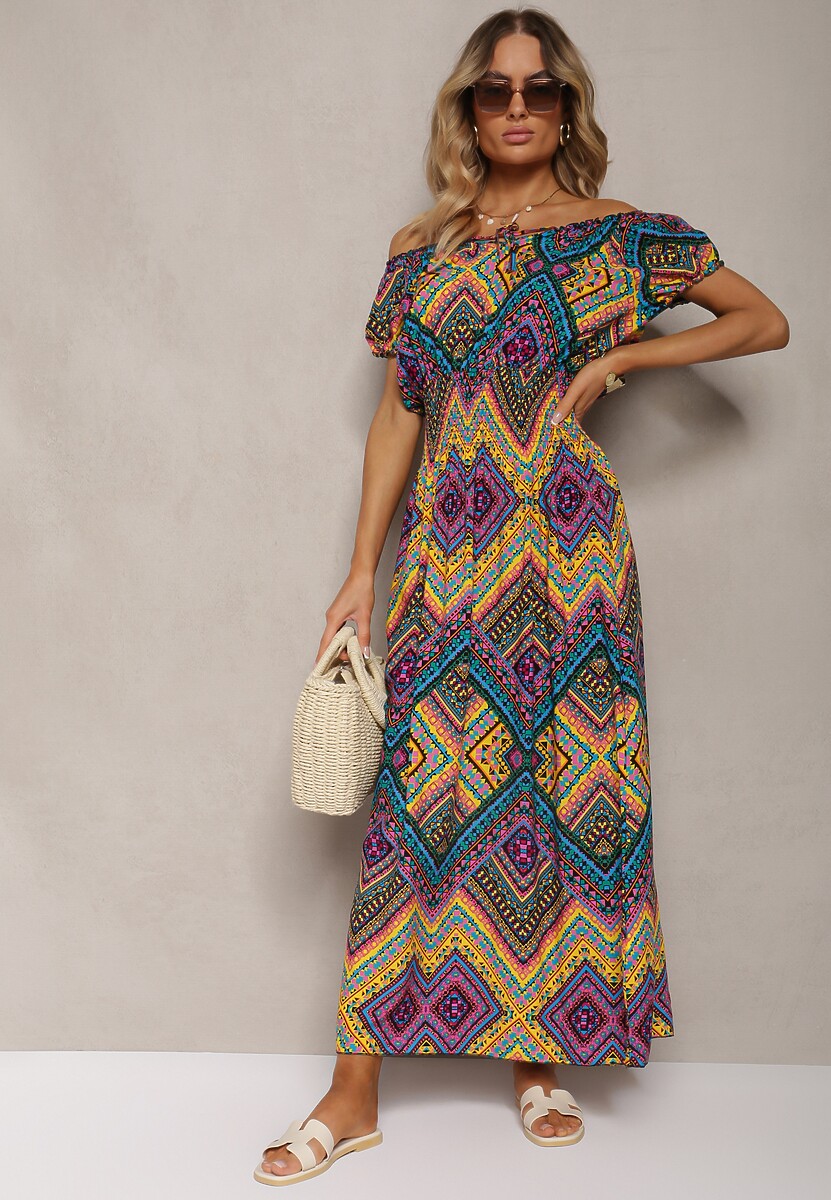 Żółto-Fioletowa Rozkloszowana Sukienka z Bawełny z Gumką w Talii Xenetta