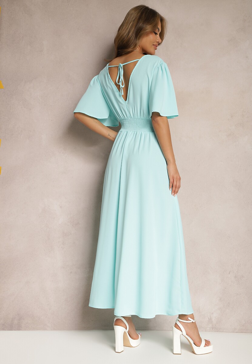 Jasnoniebieska Sukienka z Luźnymi Rękawami Wiązaniem z Wycięciem na Plecach i Gumką w Talii Valenta