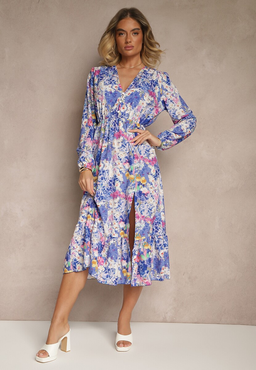 Niebieska Sukienka w Kwiatowy Print o Rozkloszowanym Kroju z Dekoltem w Serek Janellia