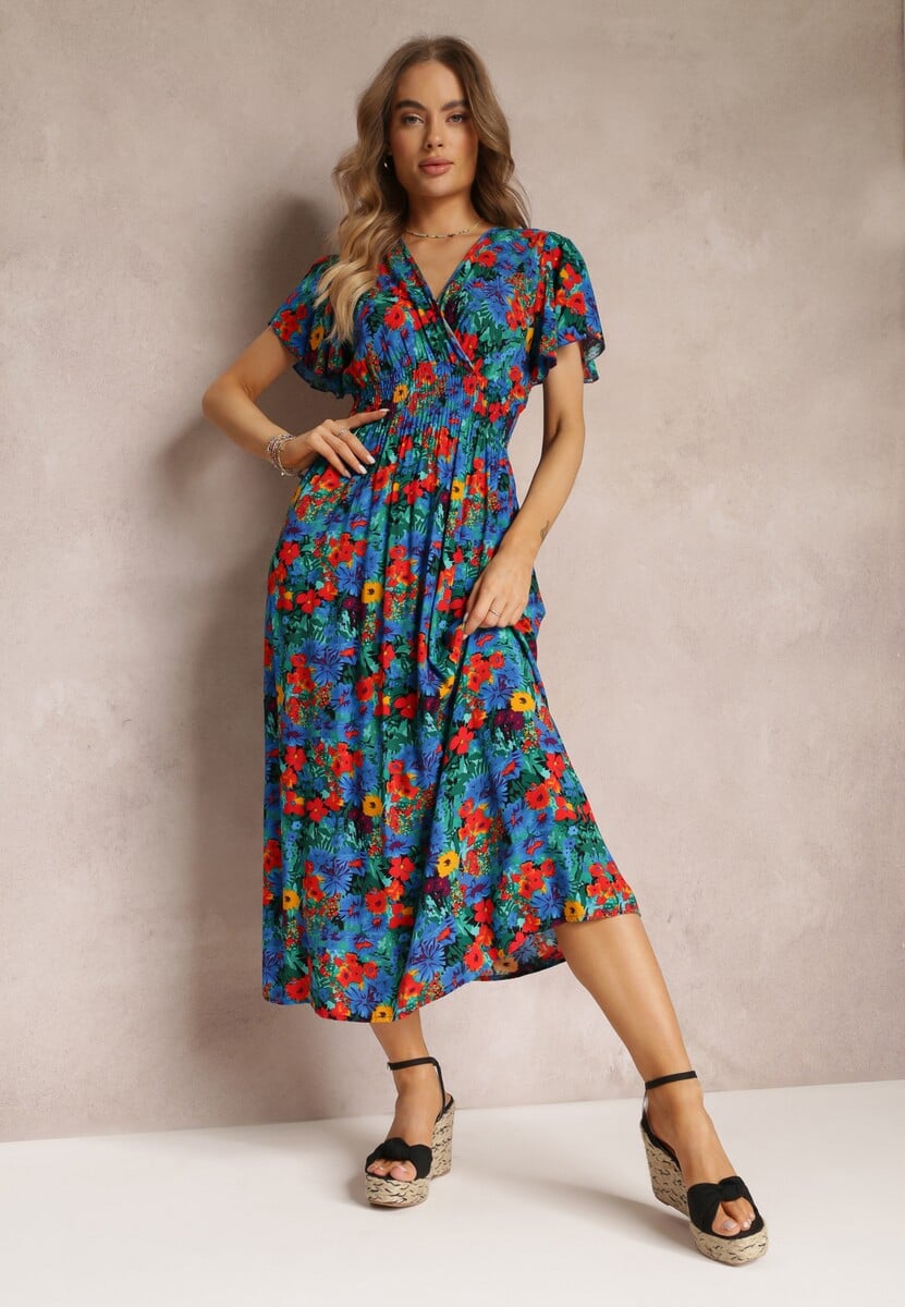 Żółto-Fuksjowa Rozkloszowana Sukienka Maxi z Gumką w Pasie z Wiskozy Femia