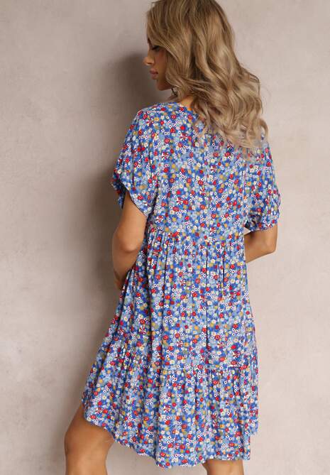 Niebieska Rozkloszowana Sukienka z Falbanką Passona