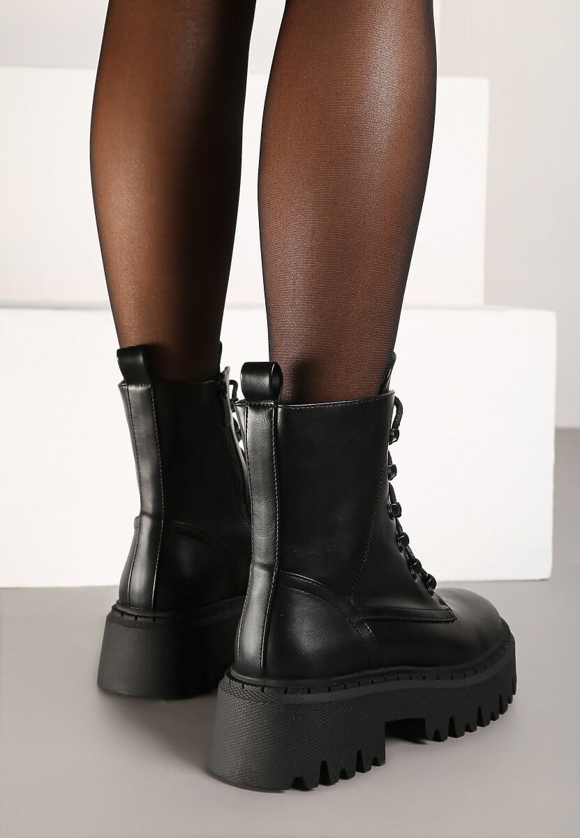 Czarne Ocieplane Botki Workery na Płaskiej Podeszwie ze Sznurowaniem Berilea