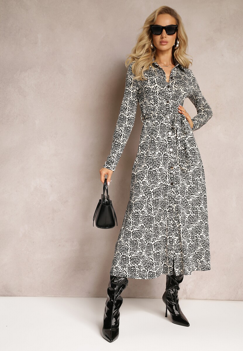 Czarna Koszulowa Sukienka w Ornamentalny Wzór Wiązana w Pasie Hanname