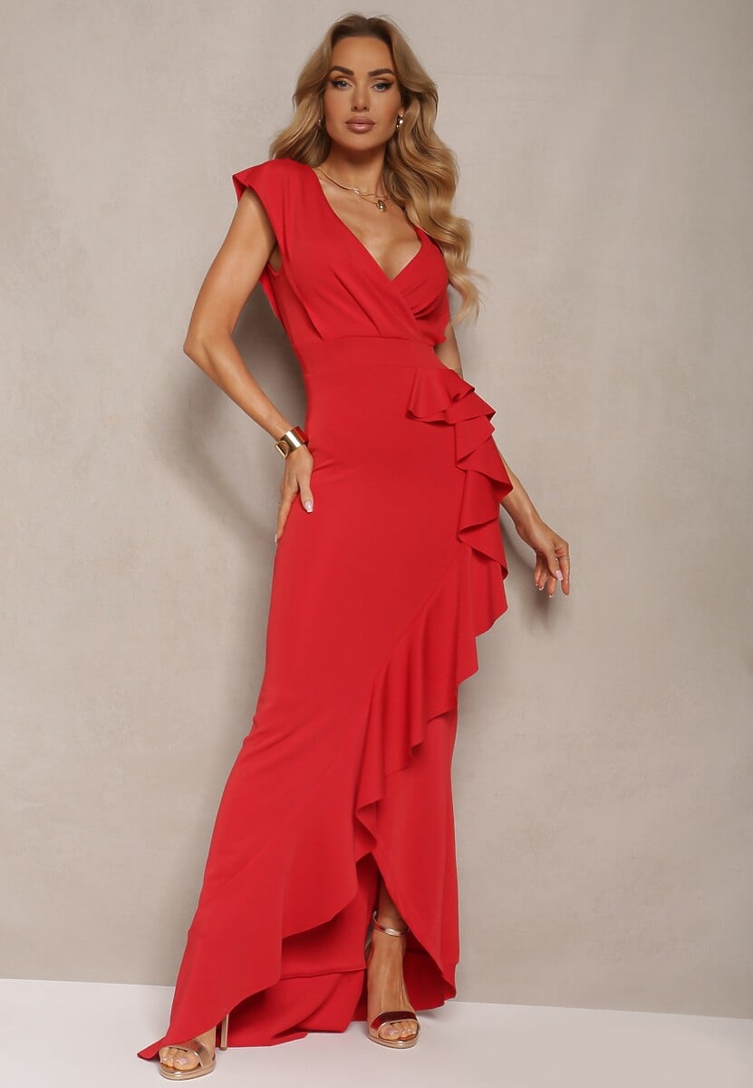 Czerwona Elegancka Sukienka Długa o Asymetrycznym Fasonie z Dekoltem w V i Falbaną Efimea
