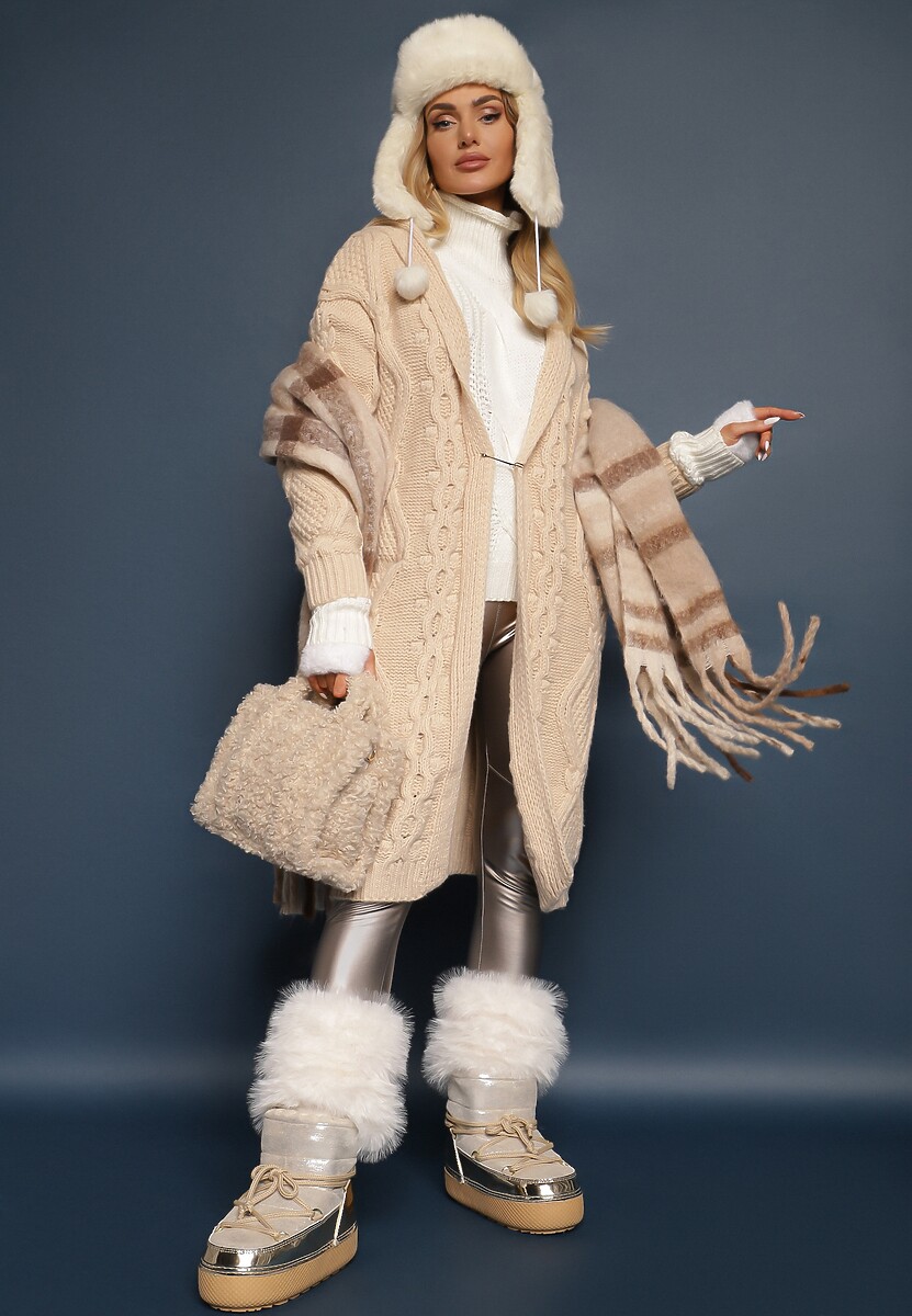 Beżowy Kardigan o Długim Fasonie z Kapturem i Kieszeniami Oricyna