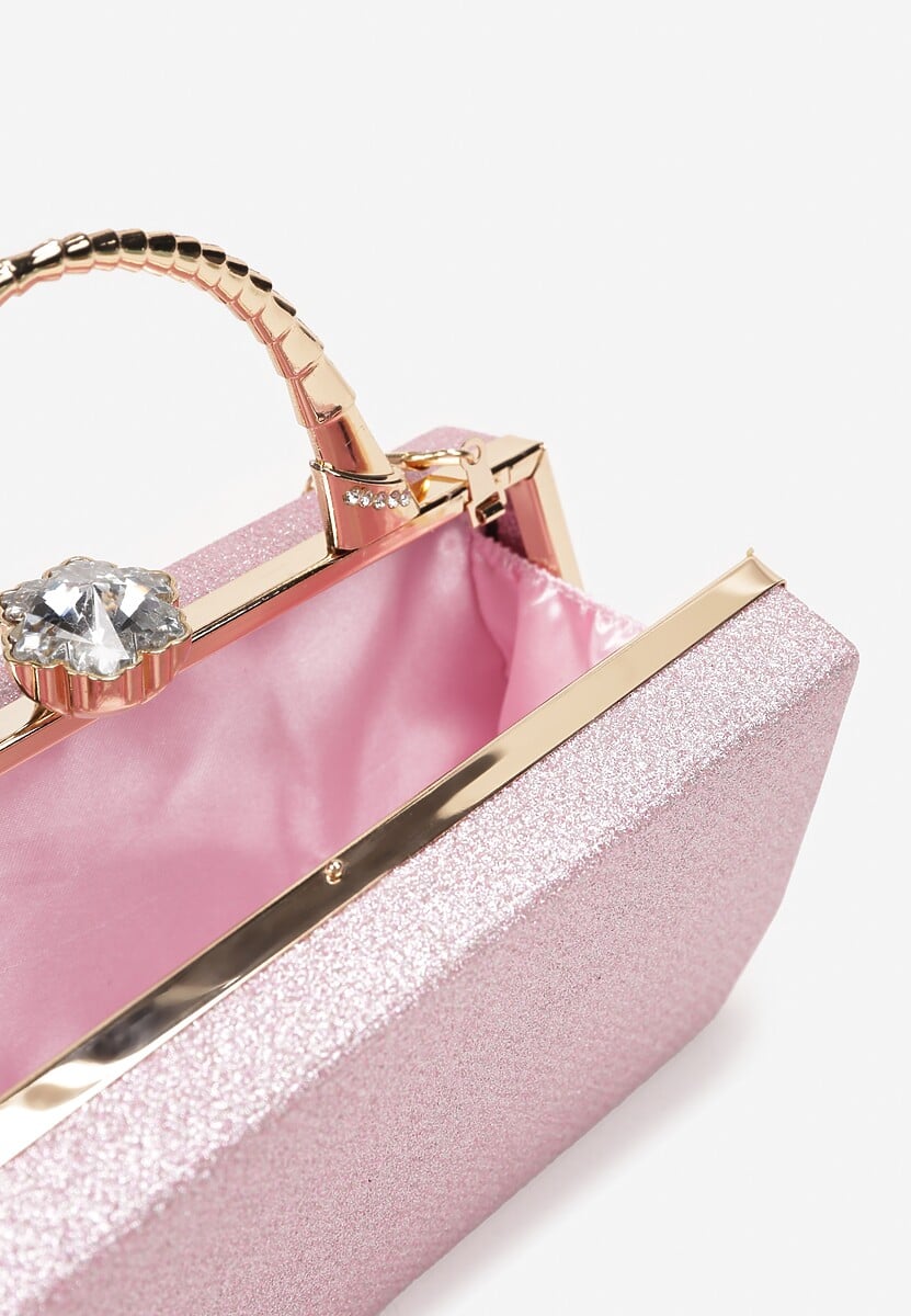 Różowa Połyskująca Torebka Kopertówka z Rączką Bronna