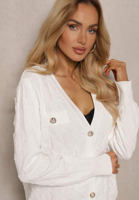 Biały Kardigan z Ozdobnymi Guzikami i Ściągaczami Zymira