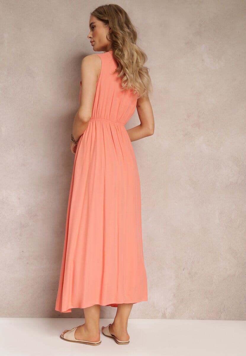 Pomarańczowa Rozkloszowana Sukienka Maxi z Gumką w Talii i Ozdobnymi Guzikami z Wiskozy Vianna