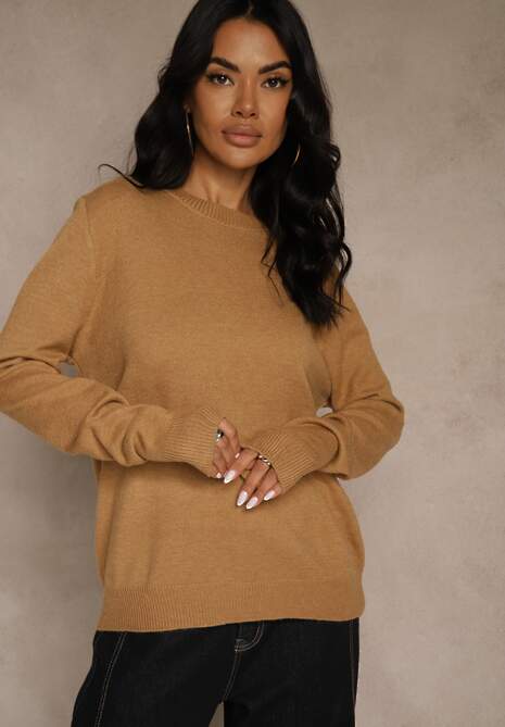 Brązowy Klasyczny Sweter z Wełną i Bawełną Bez Zdobień Neandia