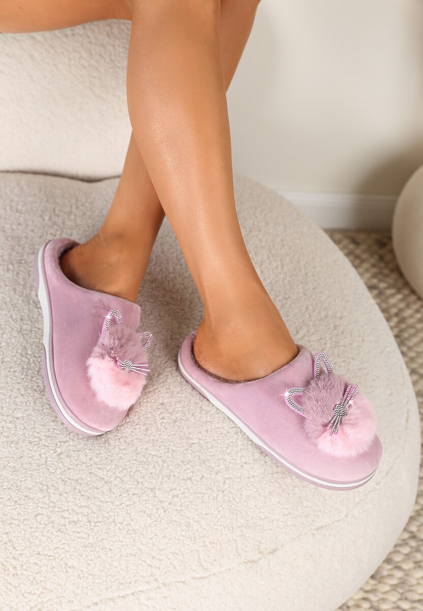 Różowe Kapcie Futrzane z Kotkiem Leze