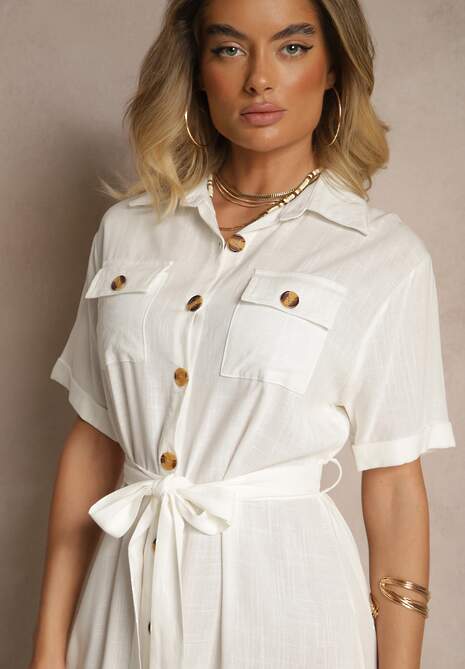 Biała Sukienka z Lnu i Wiskozy o Koszulowym Fasonie Weolara