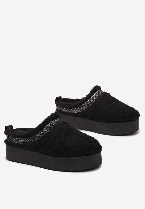 Czarne Kapcie na Platformie z Ozdobną Lamówką Topora