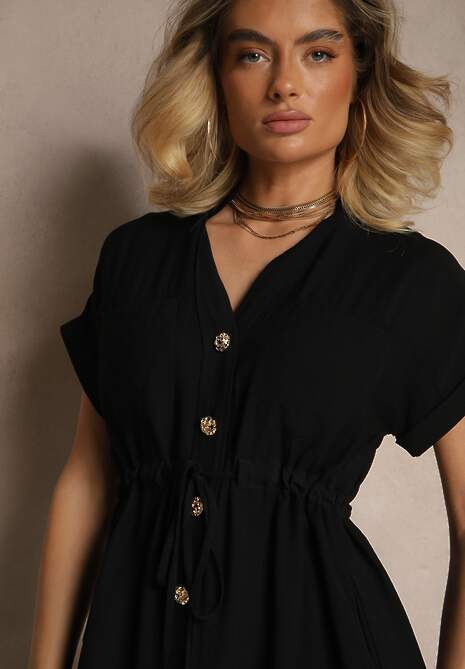 Czarna Wiskozowa Sukienka Koszulowa z Guzikami i Wiązaniem w Talii Velazia