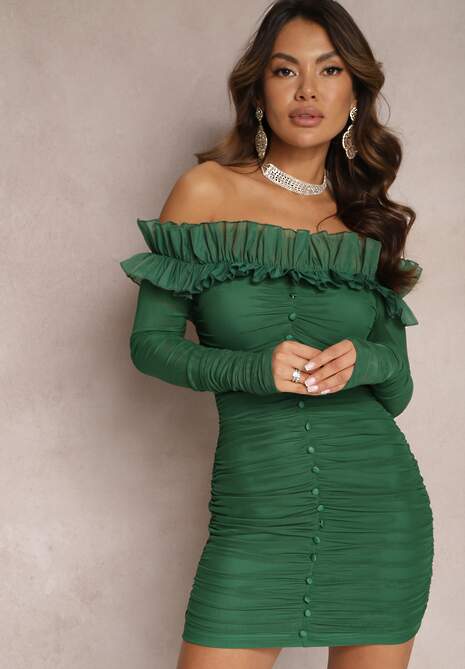 Ciemnozielona Dopasowana Sukienka Hiszpanka z Siateczki i Falbaną Sprlia