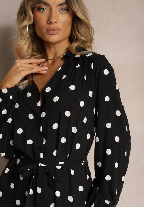 Czarna Wiskozowa Sukienka o Koszulowym Fasonie w Kropki z Paskiem i Kieszeniami Liliea