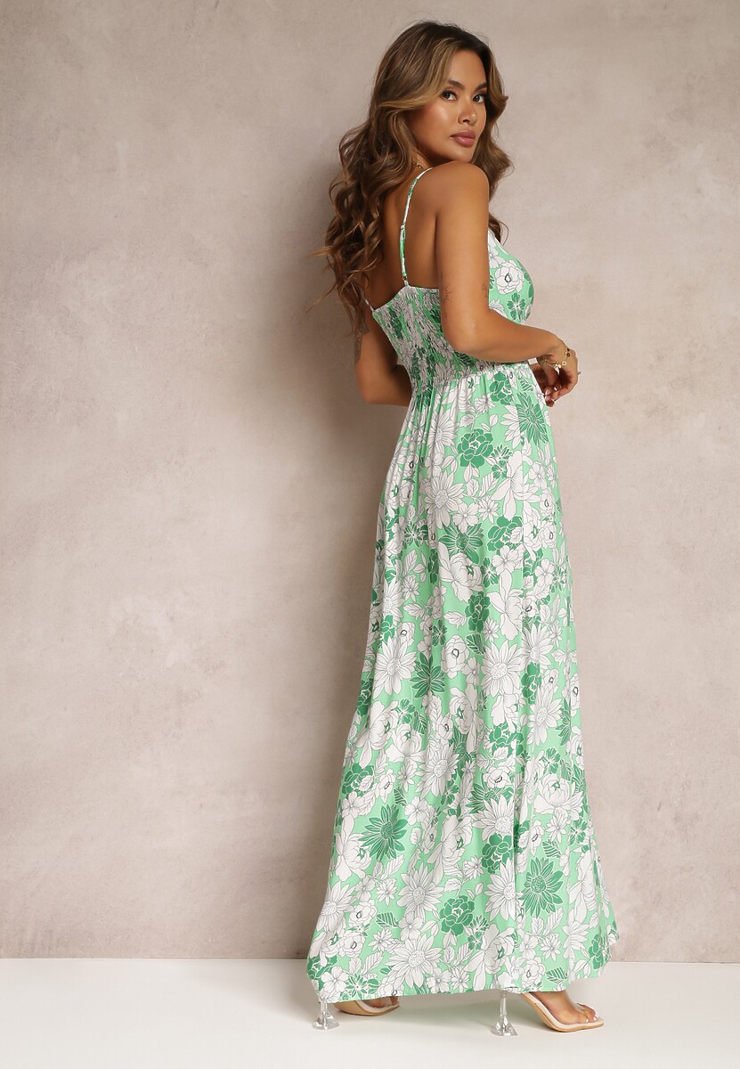 Zielona Sukienka na Cienkich Ramiączkach z Bawełny w Kwiatowy Print Agemia