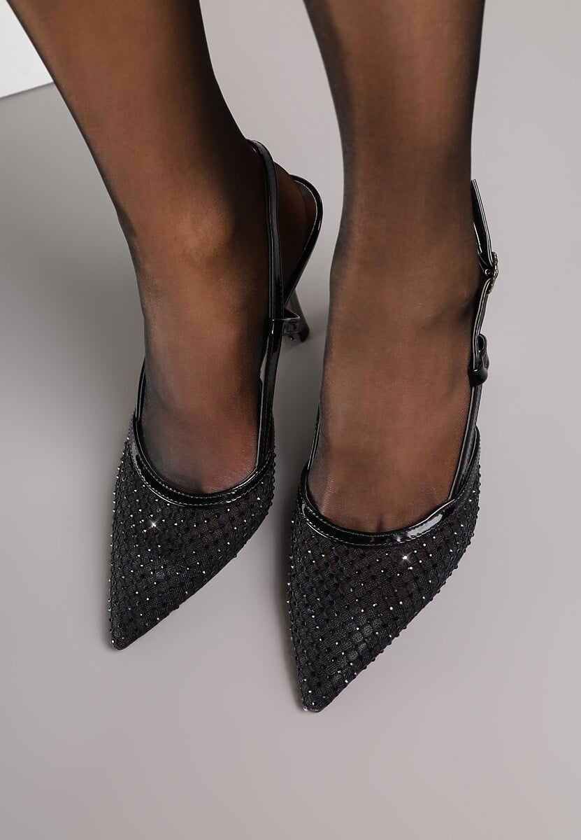 Czarne Sandały na Szpilce Vices z Siateczkową Cholewką z Cyrkoniami Liramire