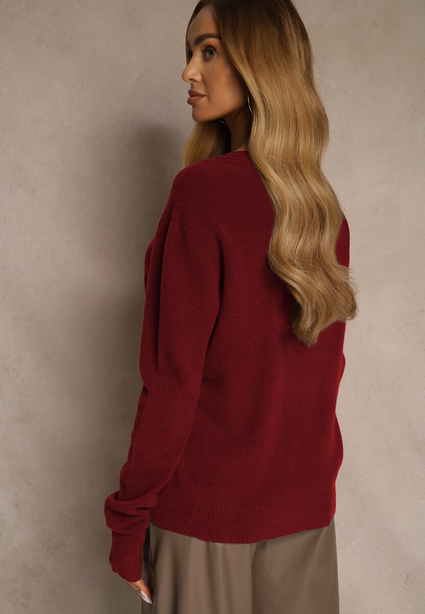 Bordowy Sweter z Wełną i Wiskozą z Trójkątnym Dekoltem Kaitte