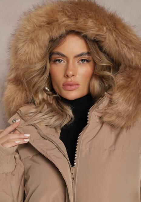 Ciemnobeżowa Kurtka Oversize z Futrzanym Kapturem Haduni