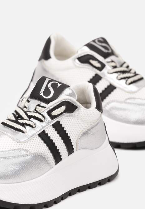 Biało-Srebrne Sneakersy Vices na Platformie z Metalicznymi Paskami Lenela