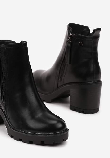 Czarne Botki na Obcasie z Ozdobnym Zamkiem Błyskawicznym Leriene