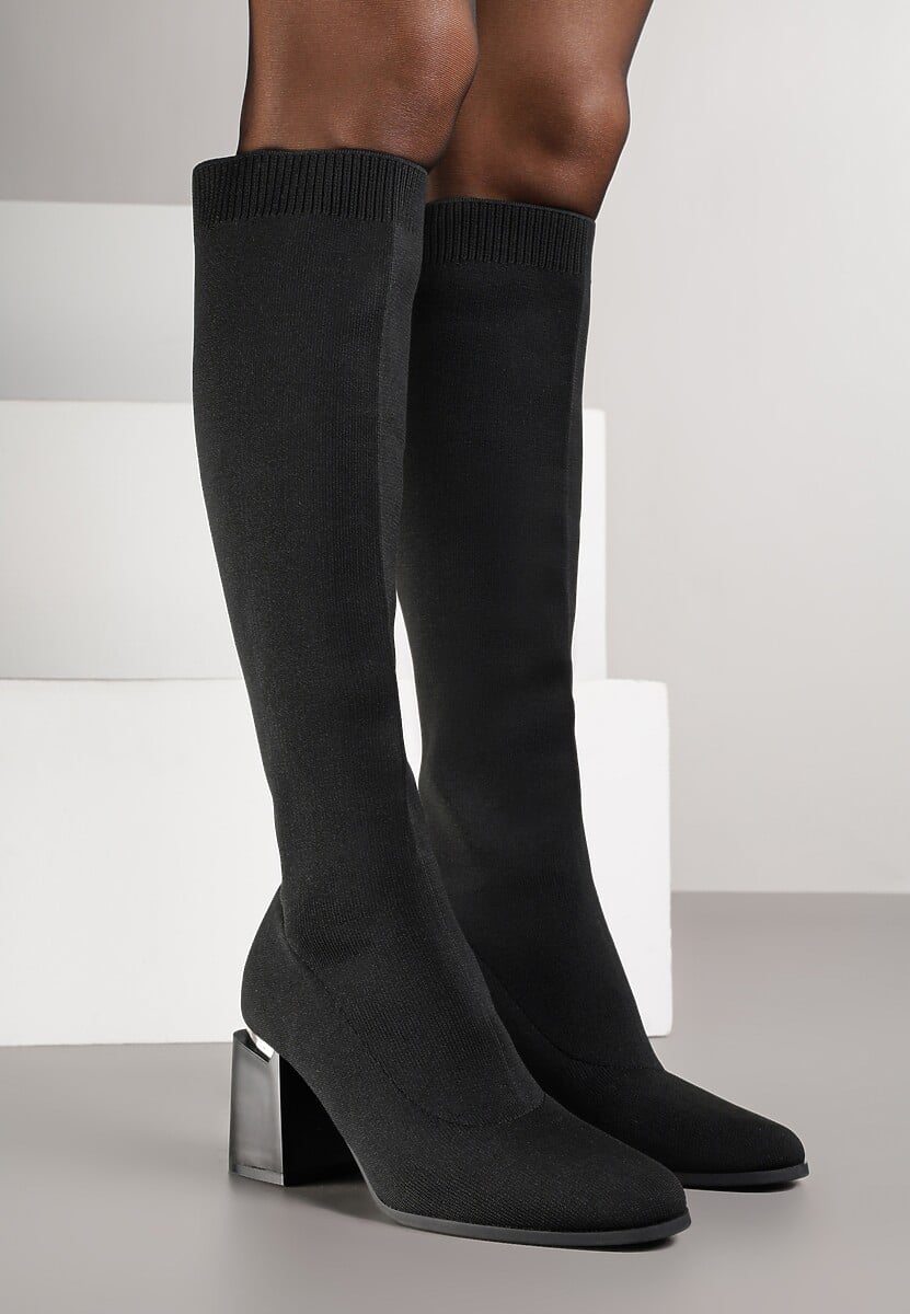 Czarne Eleganckie Kozaki VICES ze Skarpetkową Cholewką na Słupku z Aplikacją Raleana