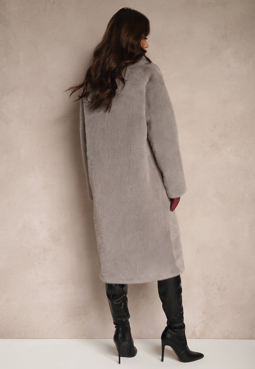 Szary Dwurzędowy Futrzany Płaszcz o Długim Kroju w Stylu Teddy Lilanieth