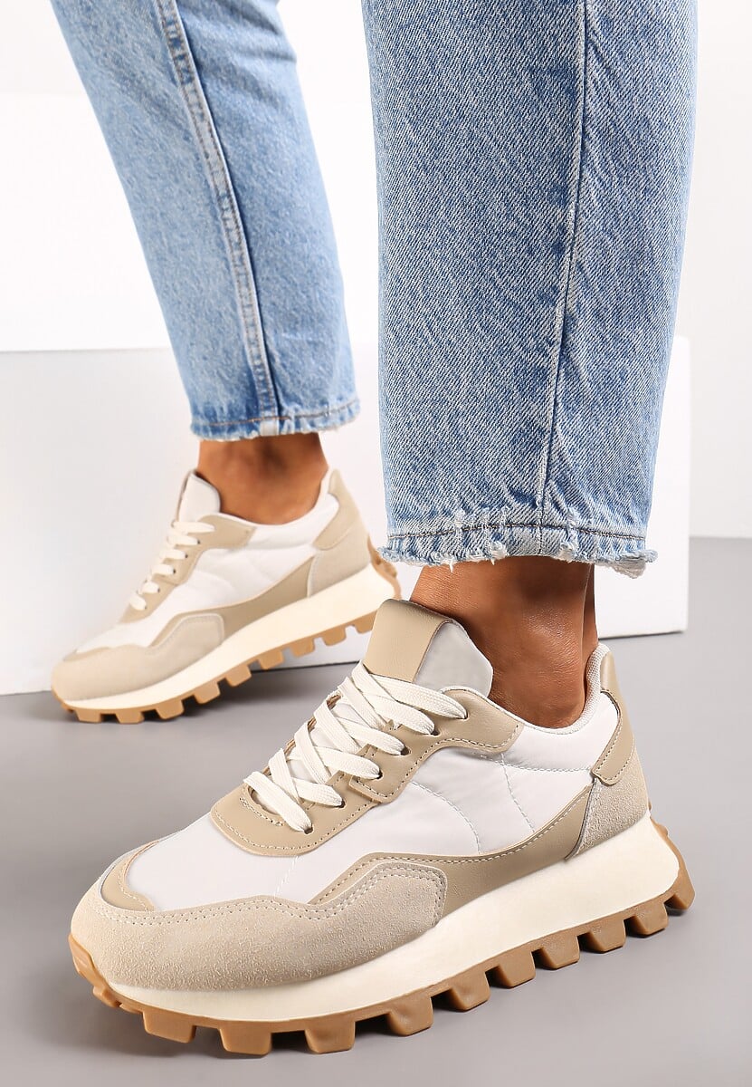 Beżowe Sneakersy przed Kostkę na Grubej Podeszwie Kapprine