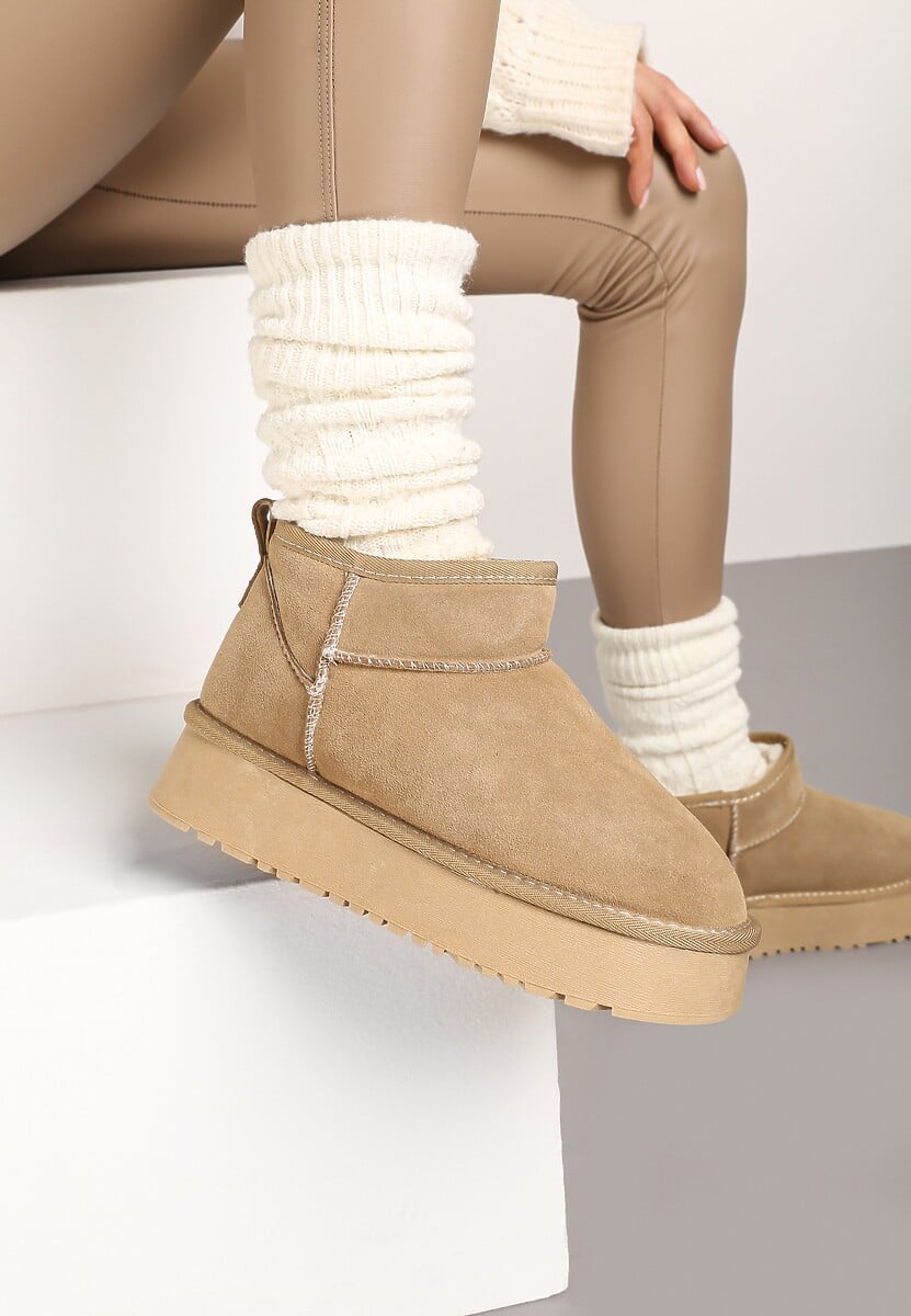 Beżowe Zamszowe Śniegowce na Grubej Podeszwie Mazinae