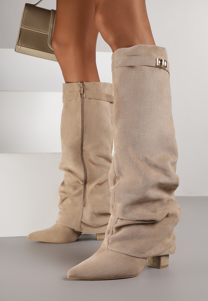 Ciemnobeżowe Marszczone Kozaki na Słupkowym Obcasie z Wywiniętą Cholewką Runella