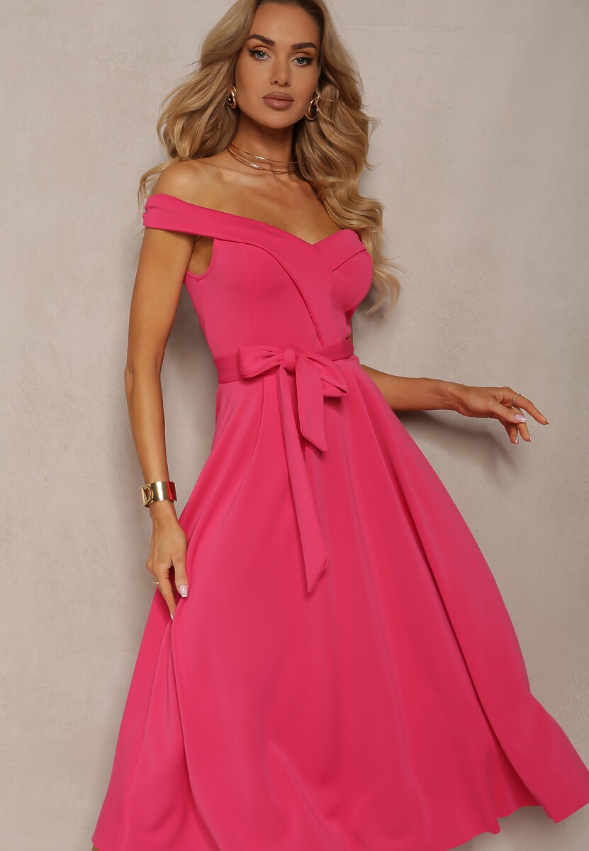 Fuksjowa Sukienka Wieczorowa Hiszpanka z Materiałowym Paskiem Yellia