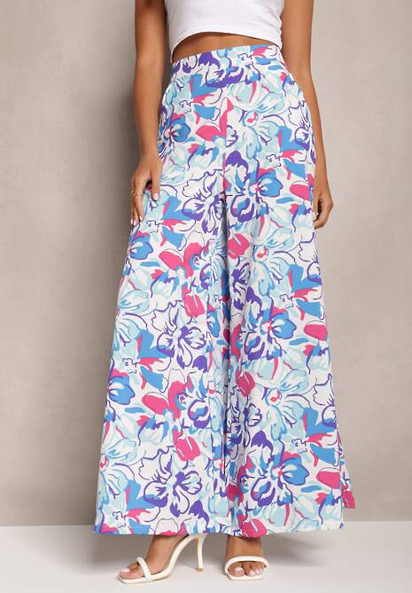 Jasnoniebieskie Długie Spodnie w Kwiatowy Print z Gumką w Pasie i Kieszeniami Kaydan