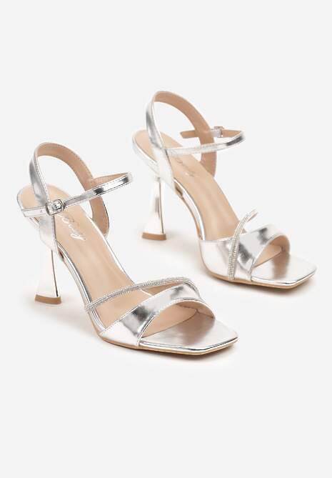Srebrne Sandały Szpilki z Cyrkoniowym Zdobieniem na Obcasie Typu Klepsydra Haldiva