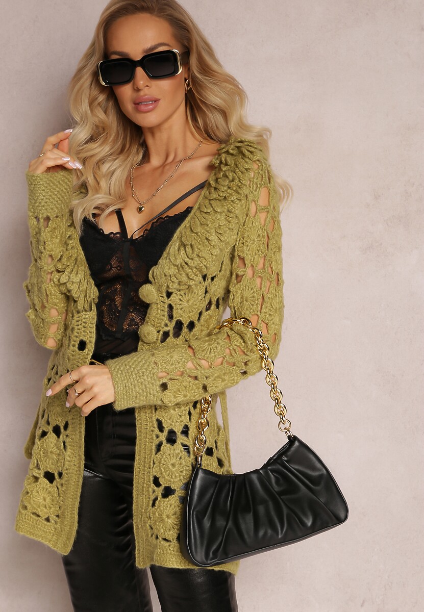 Zielony Ażurowy Kardigan z Wiązanym Paskiem Petrame