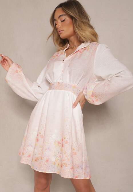 Różowa Rozkloszowana Sukienka w Kwiatowy Wzór ze Zwiewnymi Rękawami Ishiris