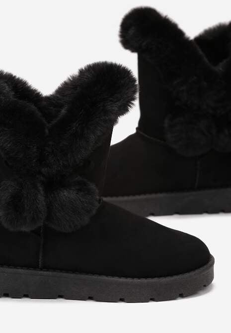 Czarne Śniegowce z Futerkiem i Pomponami Teido