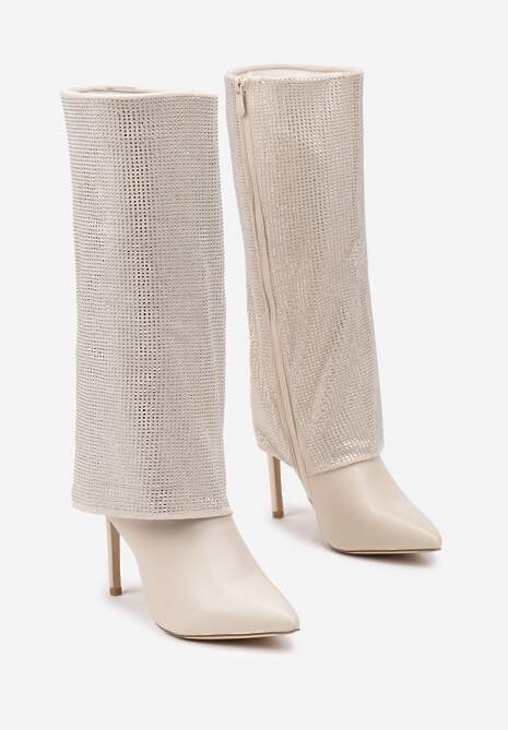 Beżowe Cyrkoniowe Kozaki na Obcasie Typu Szpilka z Cholewką Imitującą Nogawkę Valentila