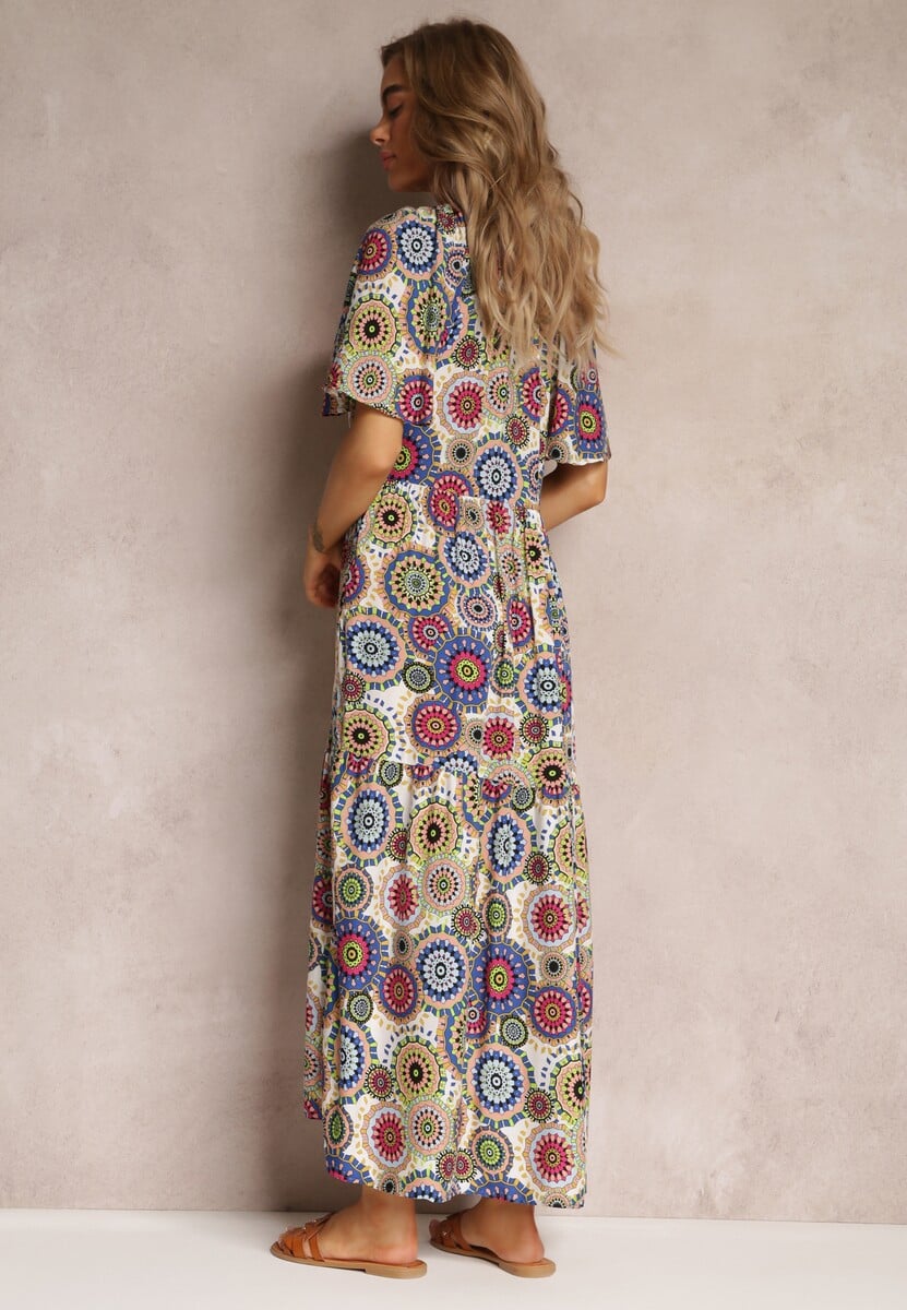 Biało-Granatowa Wiskozowa Sukienka Maxi w Kwiaty z Rozkloszowanym Dołem i Falbanką Pathna