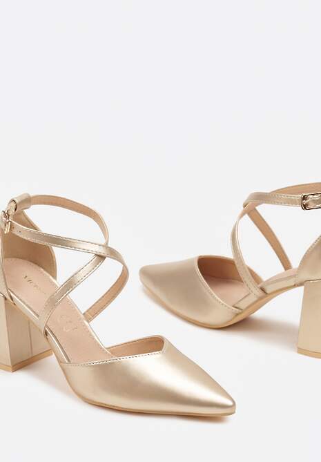 Złote Czółenka Vices na Słupku ze Skórzaną Wkładką Ozdobione Paskami Learelia