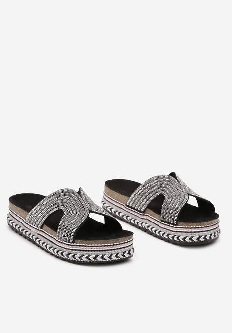 Czarne Płaskie Klapki z Imitacji Zamszu Zdobione Plecionką i Cyrkoniami Ploen