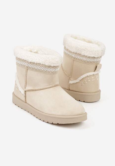 Beżowe Śniegowce o Wsuwanym Fasonie z Haftem i Futrem przy Cholewce Mevinadia
