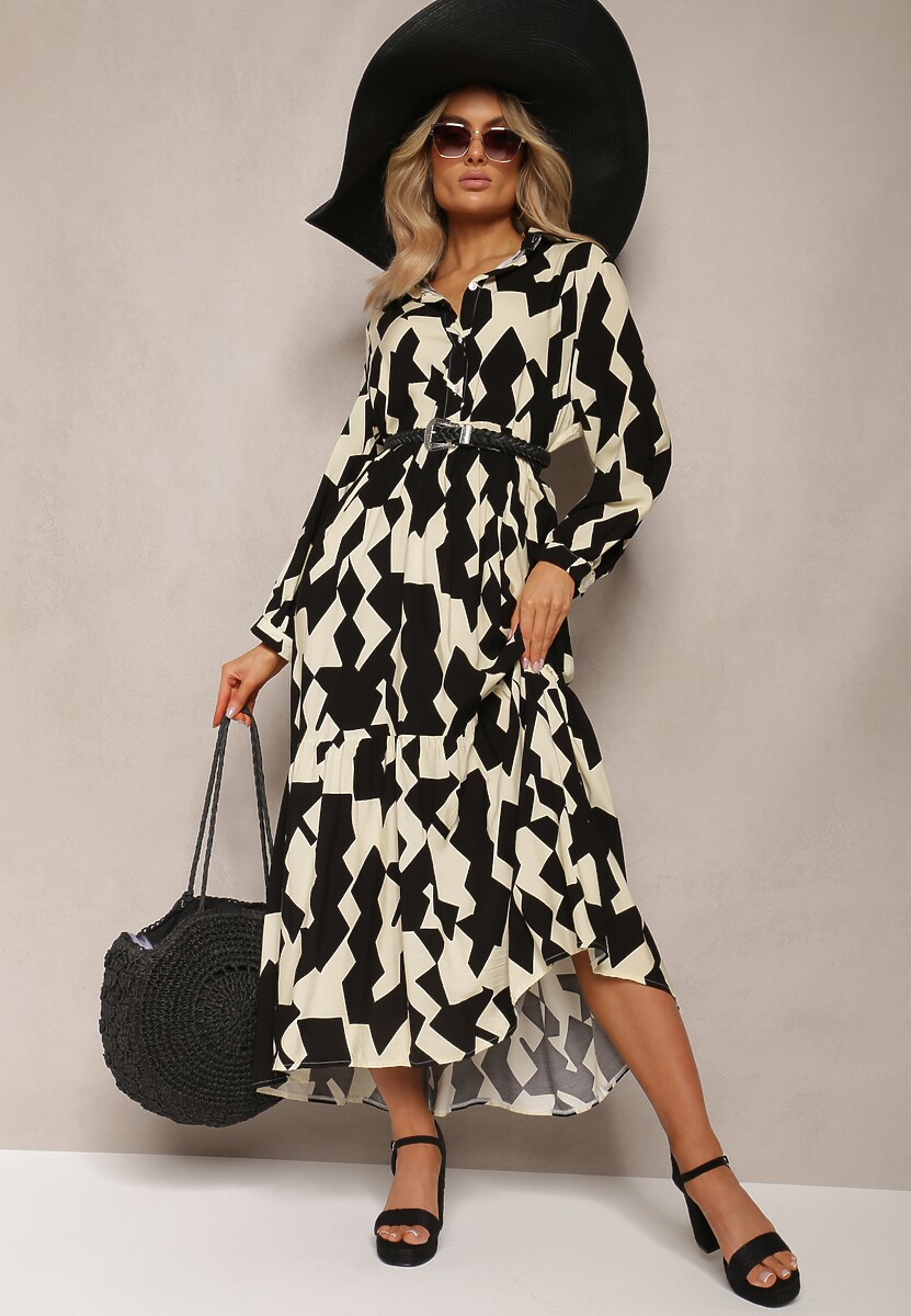 Beżowo-Czarna Koszulowa Sukienka Maxi w Geometryczny Wzór Qerida