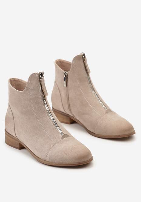 Beżowe Botki w Stylu Nowoczesnych Sztybletów ze Skórzaną Wkładką i Ozdobnym Suwakiem Asaxs