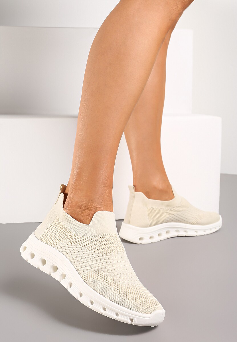 Beżowe Wsuwane Buty Sportowe z Elastyczną Cholewką do Kostki Asigruna