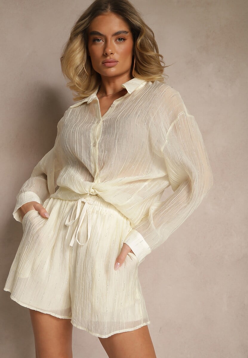 Czarny Komplet z Tkaniny z Cyrkoniami Koszula i Szorty Jeniviela