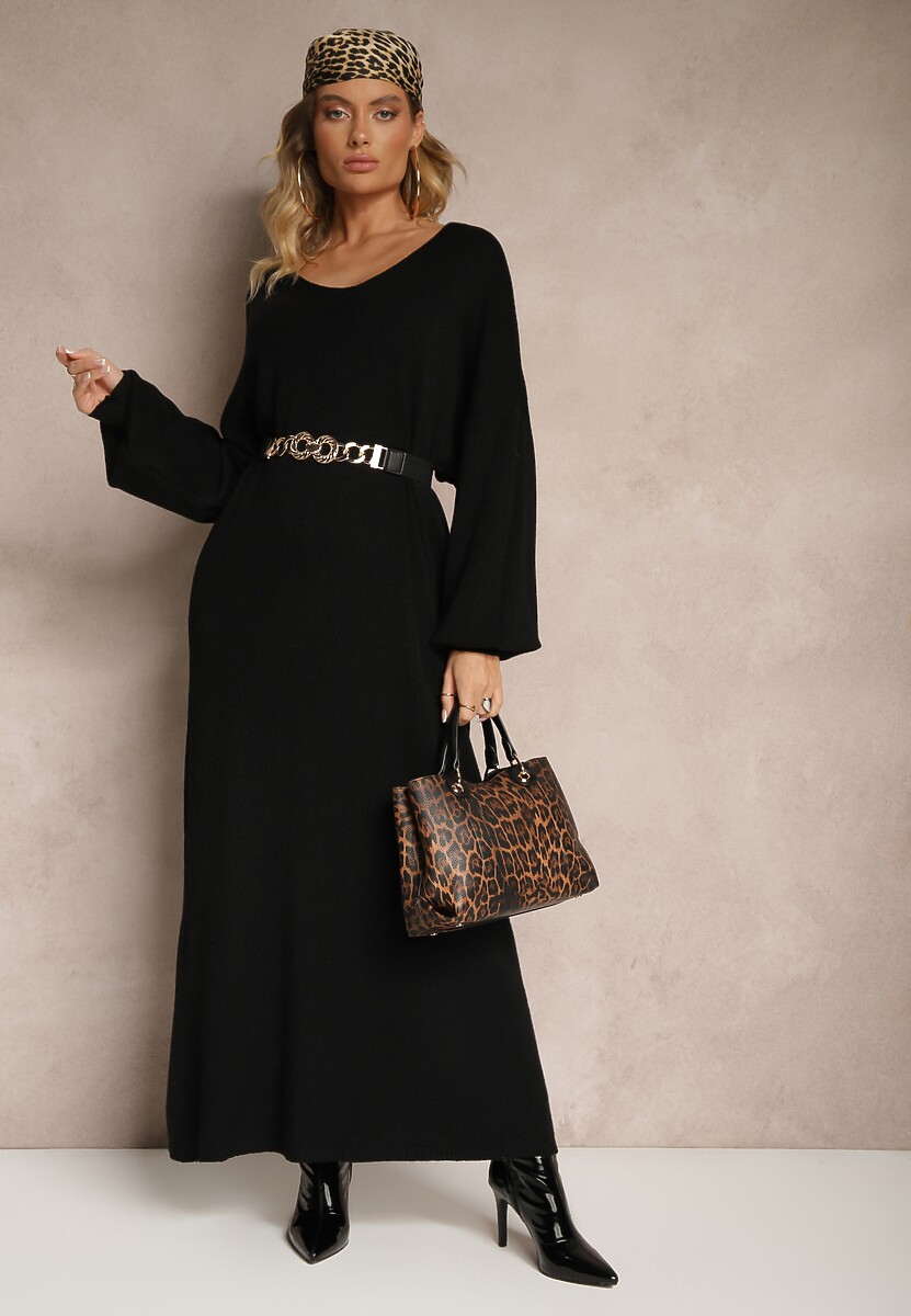 Czarna Pudełkowa Sukienka Sweterkowa z Wiskozą ze Ściągaczami Besizia