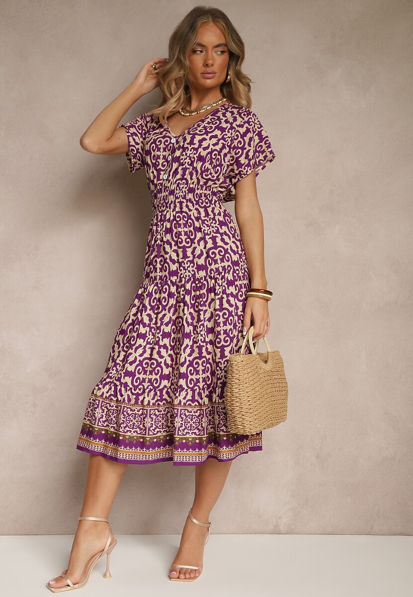 Granatowa  Sukienka z Bawełny z Trójkątnym Dekoltem i Gumką w Talii Zapinana na Guziki Lavlea