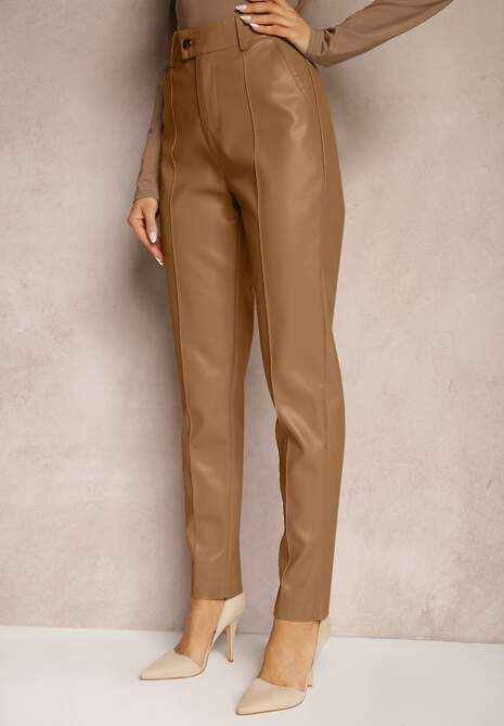 Jasnobrązowe Spodnie o Kroju Slim High Waist z Imitacji Skóry Iritharia